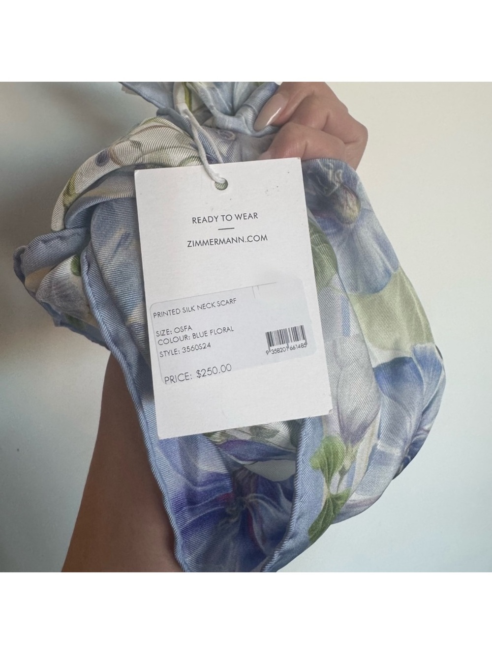 Zimmermann Blue Floral Silk Neck Scarf with Green Accents